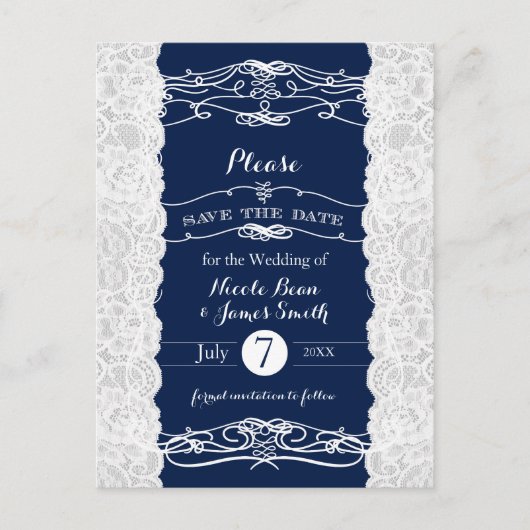 Blauw & Witte Kant Elegante Trouw Save the Date Aankondigingskaart (Voorkant)
