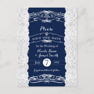 Blauw & Witte Kant Elegante Trouwkaart Save the Da Aankondigingskaart