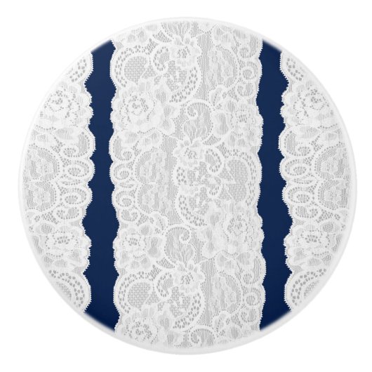 Blauw & Witte Kant Rustic Romantisch Elegant Keramische Knop (Voorkant)
