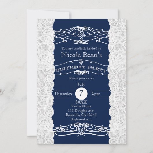 Blauw & Witte Kant VERJAARDAGSFEest Uitnodigingen (Voorkant)
