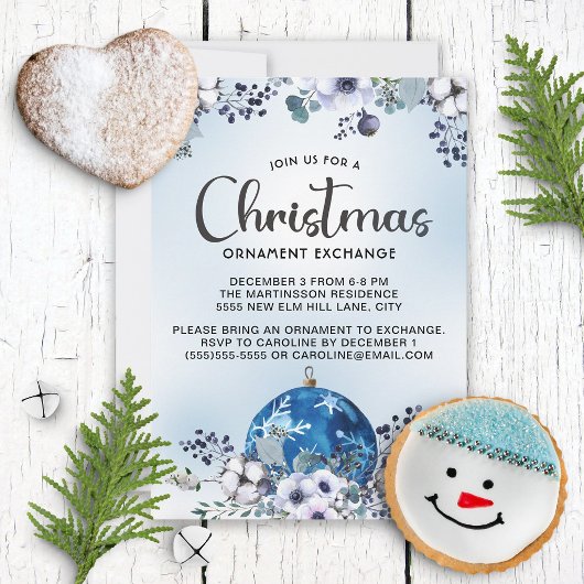Blauw Witte Kerst Bloemensieraadruil Kaart