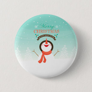 Blauw Witte Kerst Nieuwjaar Sneeuwman Groeten Ronde Button 5,7 Cm