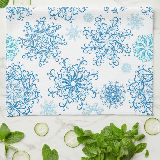 Blauw witte kerst sneeuwvlok keukenhanddoek (Gevouwen)