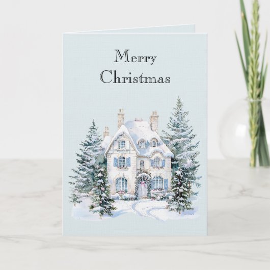 Blauw Witte Kerst Winter Huis Bomen Kaart (Voorkant)