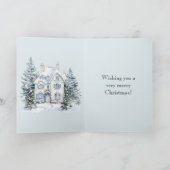 Blauw Witte Kerst Winter Huis Bomen Kaart (Binnen)