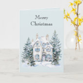 Blauw Witte Kerst Winter Huis Bomen Kaart (Gele Bloem)