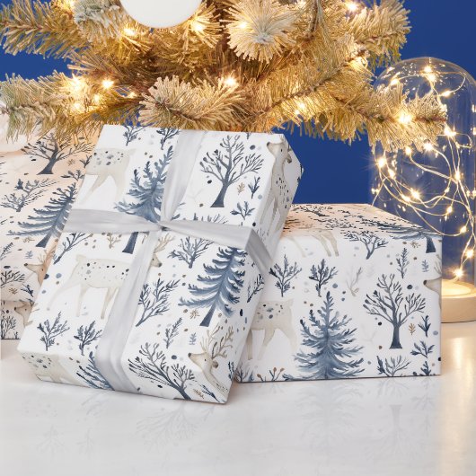 Blauw Witte Kerstbomen Herten Cadeaupapier (Feestdagen)