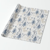 Blauw Witte Kerstbomen Herten Cadeaupapier (Uitgerold)