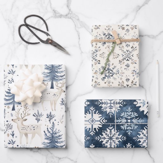 Blauw Witte Kerstbomen Herten Inpakpapier Vel (Voorkant)
