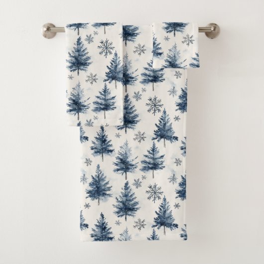 Blauw Witte Kerstbomen Sneeuwvlokken Bad Handdoek (Insitu)