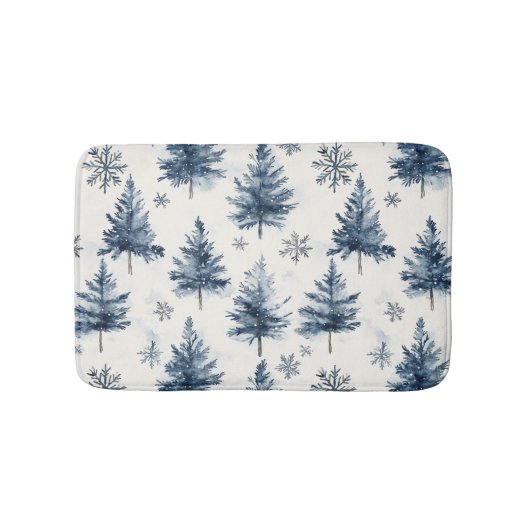 Blauw Witte Kerstbomen Sneeuwvlokken Badmat (Voorkant)