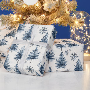 Blauw Witte Kerstbomen Sneeuwvlokken Cadeaupapier
