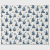 Blauw Witte Kerstbomen Sneeuwvlokken Cadeaupapier (Vlak)