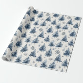Blauw Witte Kerstbomen Sneeuwvlokken Cadeaupapier (Uitgerold)