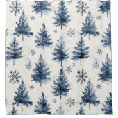 Blauw Witte Kerstbomen Sneeuwvlokken Douchegordijn (Voorkant)
