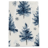 Blauw Witte Kerstbomen Sneeuwvlokken Medium Cadeauzakje (Voorkant)