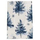 Blauw Witte Kerstbomen Sneeuwvlokken Medium Cadeauzakje (Achterkant)