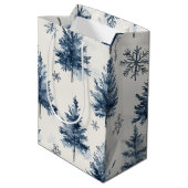 Blauw Witte Kerstbomen Sneeuwvlokken Medium Cadeauzakje (Achterkant Gekanteld)