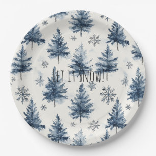 Blauw Witte Kerstbomen Sneeuwvlokken Papieren Bordje