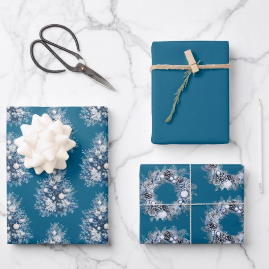 Blauw-witte kerstboom inpakpapier vel (Voorkant)