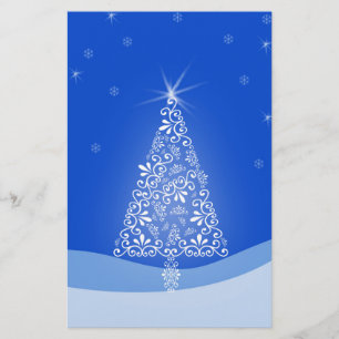 Blauw Witte Kerstboom Sterren Nacht Licht Briefpapier