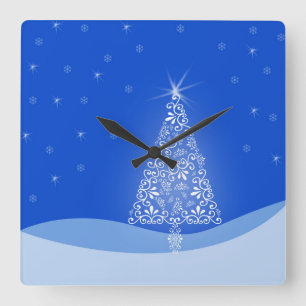 Blauw Witte Kerstboom Sterren Nacht Licht Vierkante Klok