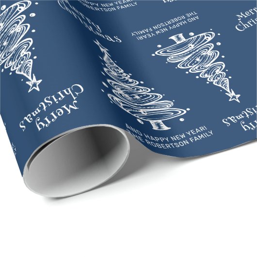 Blauw-witte kerstboom vakantie cadeaupapier (Rol Hoek)