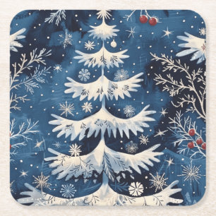 Blauw Witte Kerstboom Vakantie Papieren Onderzette Kartonnen Onderzetters