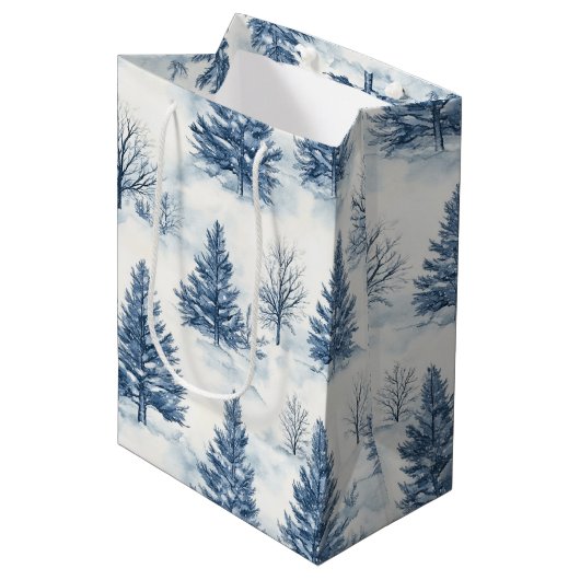 Blauw Witte Kerstdennen Medium Cadeauzakje (Voorkant Gekanteld)