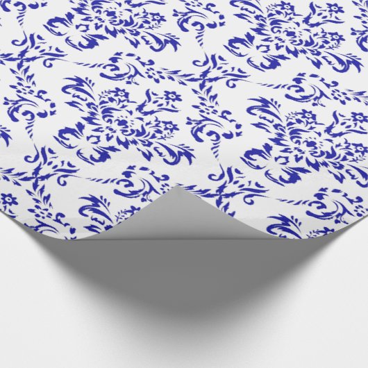 Blauw-witte  kerstfeestflank Damasje Cadeaupapier (Hoek)