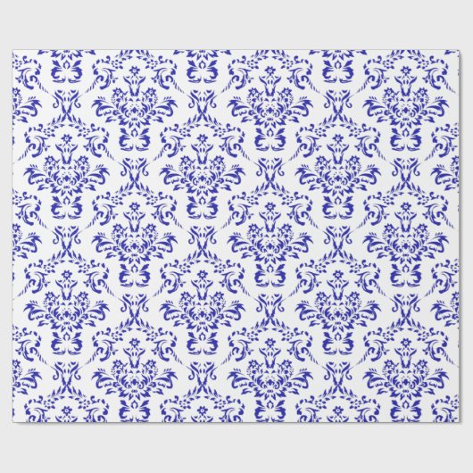 Blauw-witte  kerstfeestflank Damasje Cadeaupapier (Vlak)