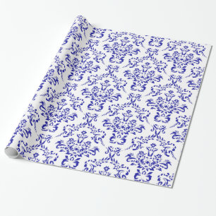 Blauw-witte  kerstfeestflank Damasje Cadeaupapier