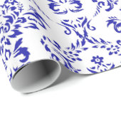 Blauw-witte  kerstfeestflank Damasje Cadeaupapier (Rol Hoek)