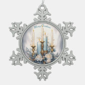 Blauw-witte kerstkaars tin sneeuwvlok ornament (Voorkant)