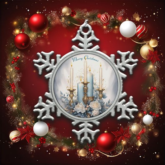 Blauw-witte kerstkaars tin sneeuwvlok ornament