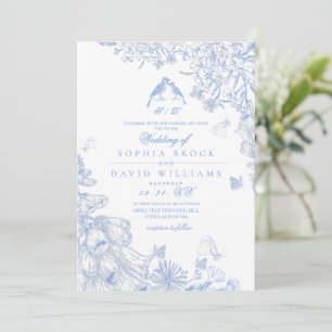 Blauw Witte Klassieke Franse Wilde Bloemen Bruilof Kaart