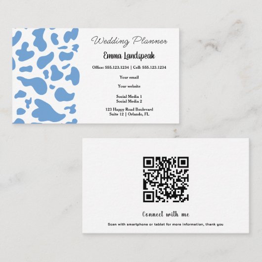 Blauw & Witte Koe Print, QR-code Visitekaartje (Voorkant / Achterkant)
