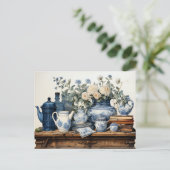 Blauw Witte Koffiepot Roomser Suiker Glazen Pot Briefkaart (Staand voorkant)
