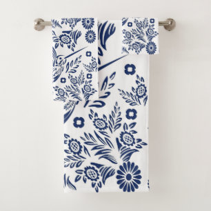 Blauw & Witte Kolibrie Mexicaanse Bloem Talavera Bad Handdoek