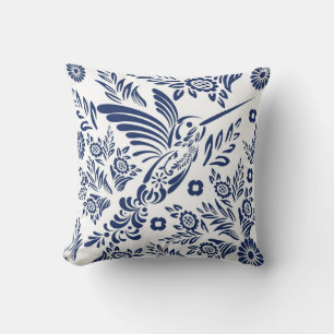 Blauw & Witte Kolibrie Mexicaanse Bloem Talavera  Kussen