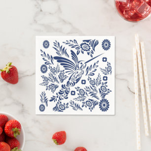 Blauw & Witte Kolibrie Mexicaanse Bloem Talavera Servet