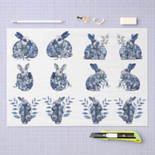 Blauw-witte konijnen decoupage geïnspireerd op vin tissuepapier