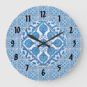 Blauw Witte Korenbloem Patroon Zwarte Cijfers Klok