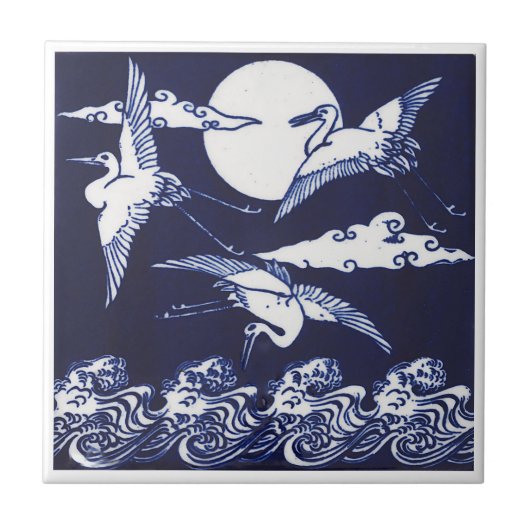  blauw-witte kranen met golven en maan tegeltje (Voorkant)