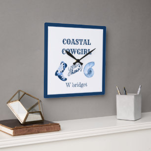 Blauw-witte kustkoeienmeisje vierkante klok