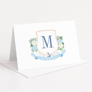 Blauw-witte kustmonogram Baby shower Bedankkaart