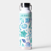 Blauw-witte kustschelpen voor Waterverf Waterfles (Voorkant)