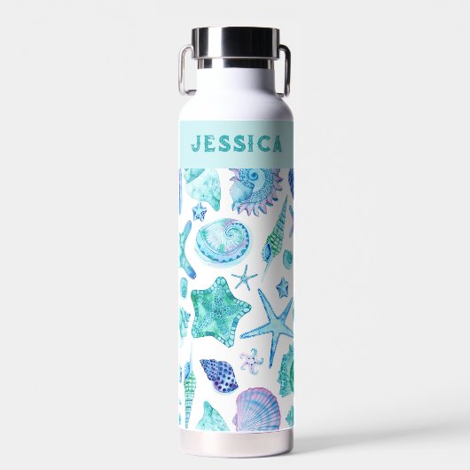 Blauw-witte kustschelpen voor Waterverf Waterfles (Voorkant)