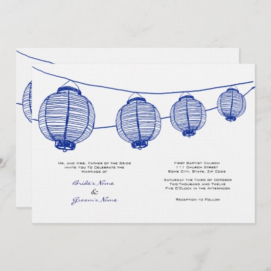 Blauw-witte lantaarns bruiloft uitnodiging (Voorkant / Achterkant)