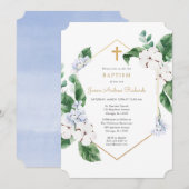 Blauw witte lente bloemen gouden jongen doop kaart (Voorkant / Achterkant)